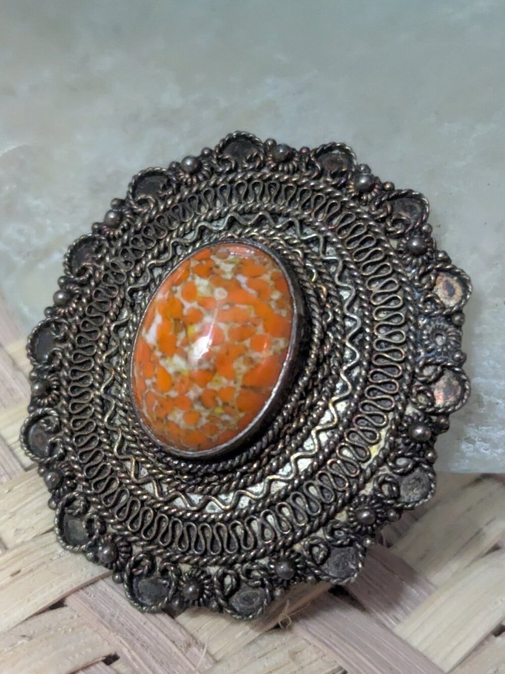 VINTAGE STERLING SILVER CORAL Jasper CABOCHON PENDANT NECKLACE FILIGREE